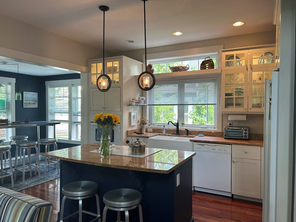 Kitchen with adjacent eating area.
