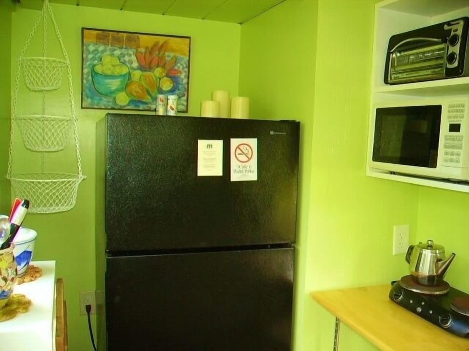 toaster oven, microwave, 2 burner stove top, coffee maker, full frig & more