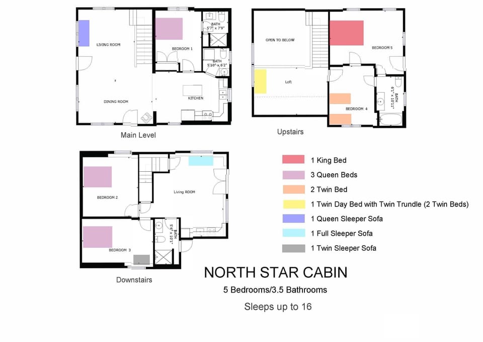 Reference the floor plan to map out sleeping arrangements before you arrive -- five bedrooms across three levels.