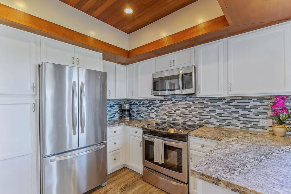 Full kitchen for your convenience.  Not only to save money but saves time.