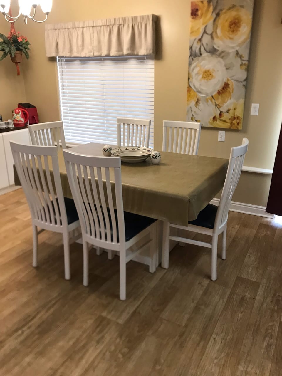 Dining table seats six, high chair also available
