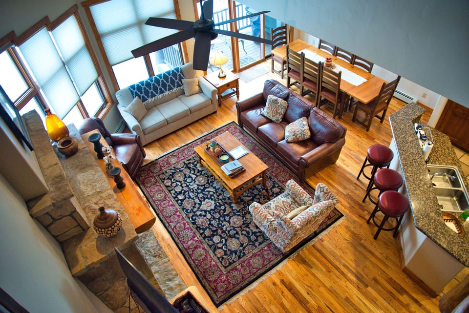 Living room from top floor balcony/office.
