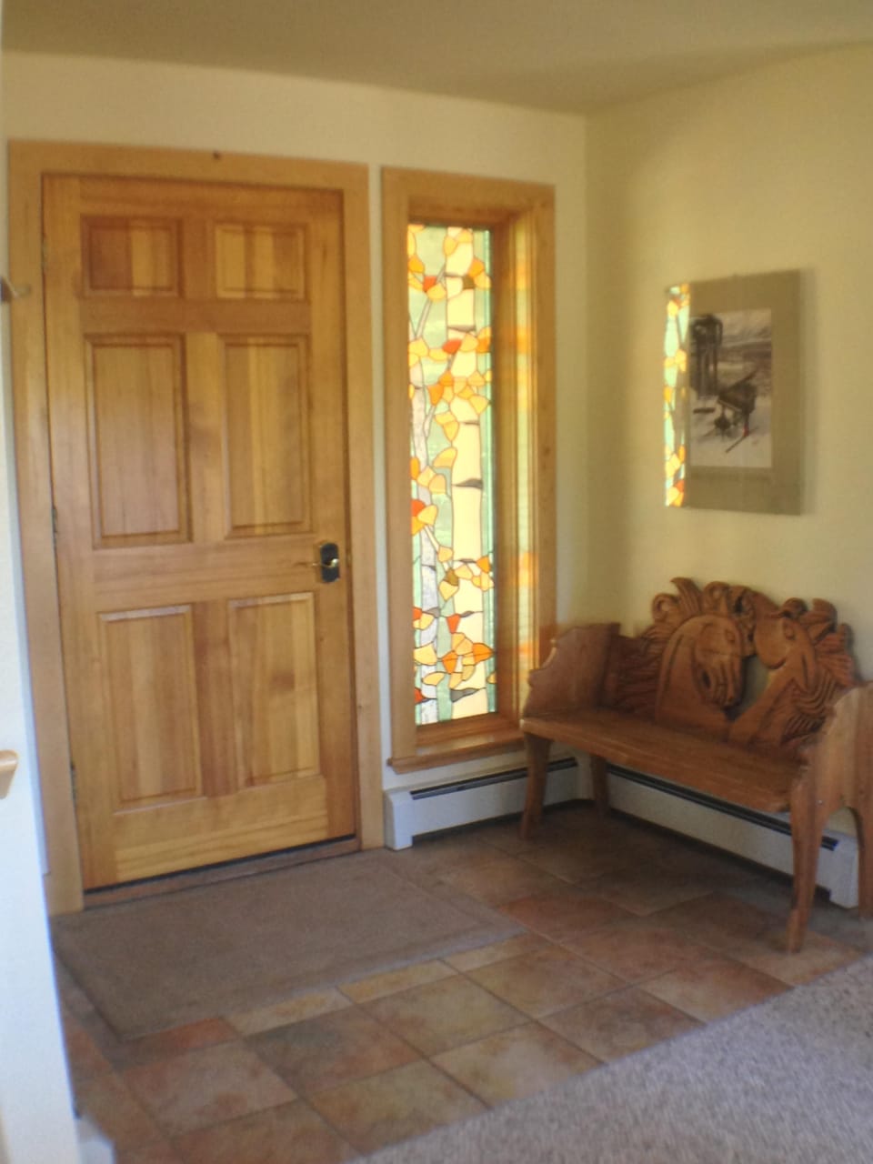 Entryway bench & beautiful, custom stained glass Aspen treees