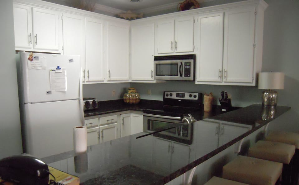 Fully stocked kitchen for preparing meals, granite countertops, & bar area 