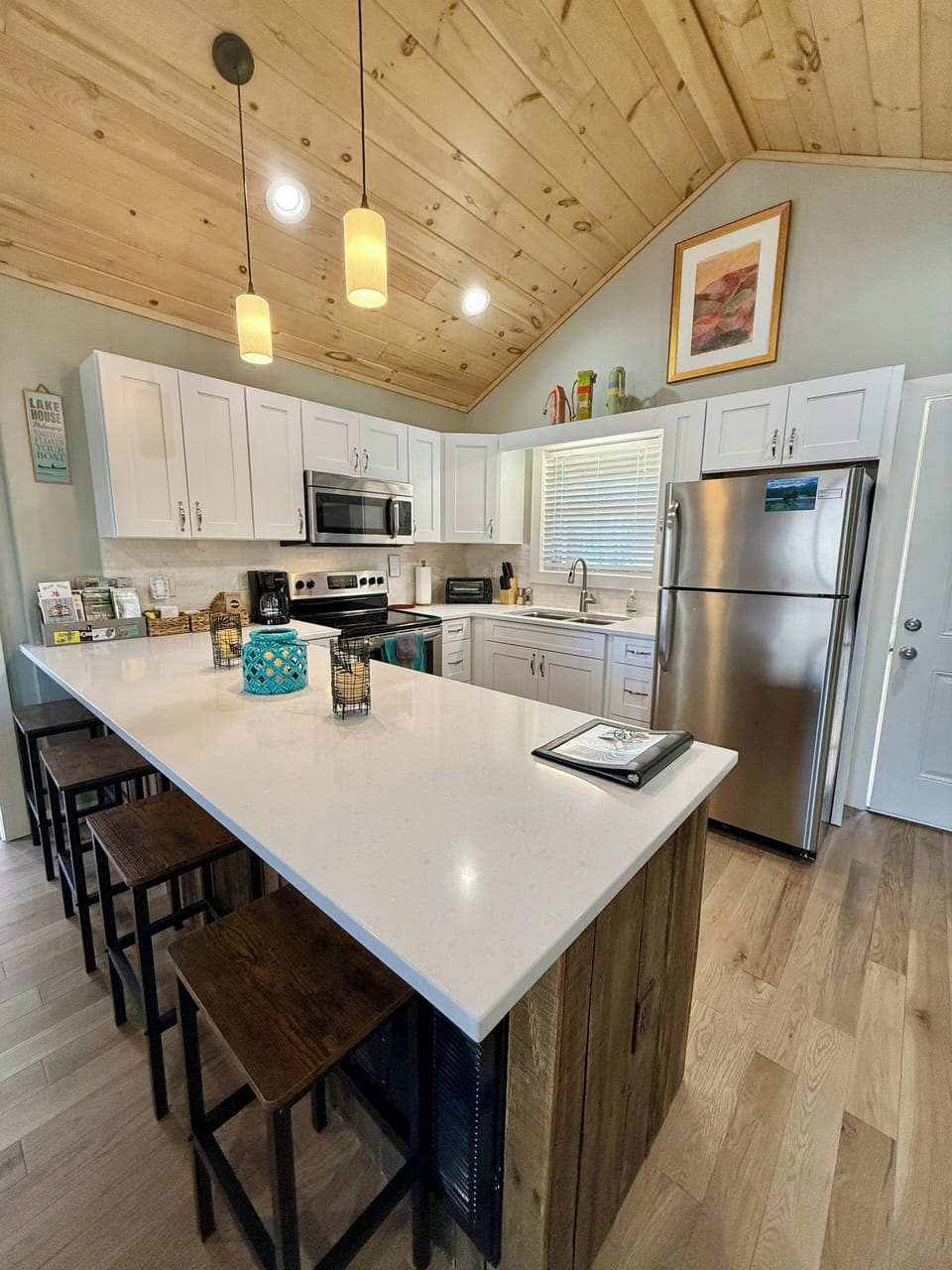 Brand new soft close solid oak kitchen cabinets and white quartz counters