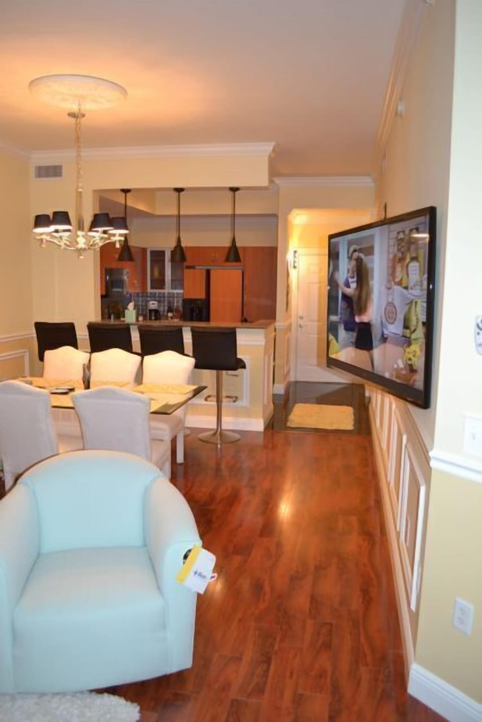View from living room--55 inch flatscreen swivels for viewing from LR, DR, K