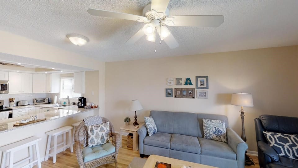 view from living area to kitchen