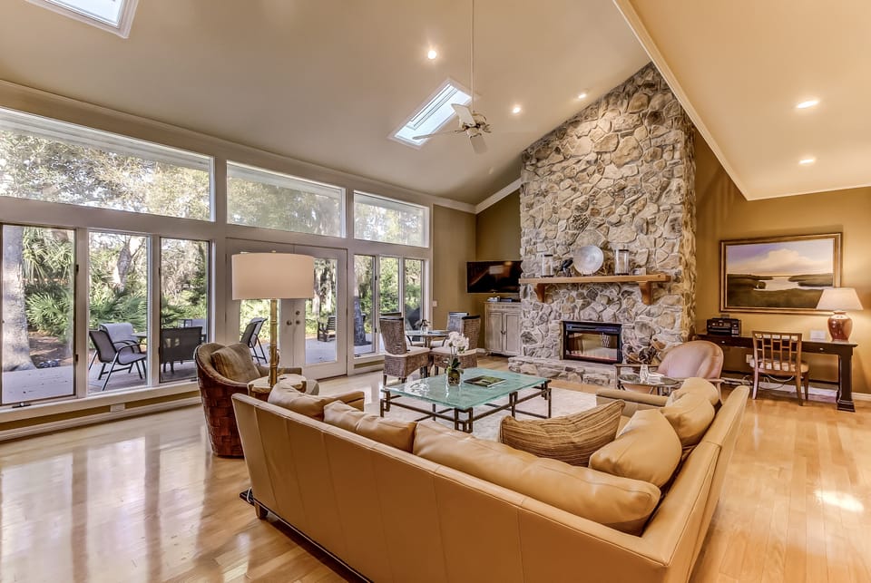 Living room with Stone Fireplace