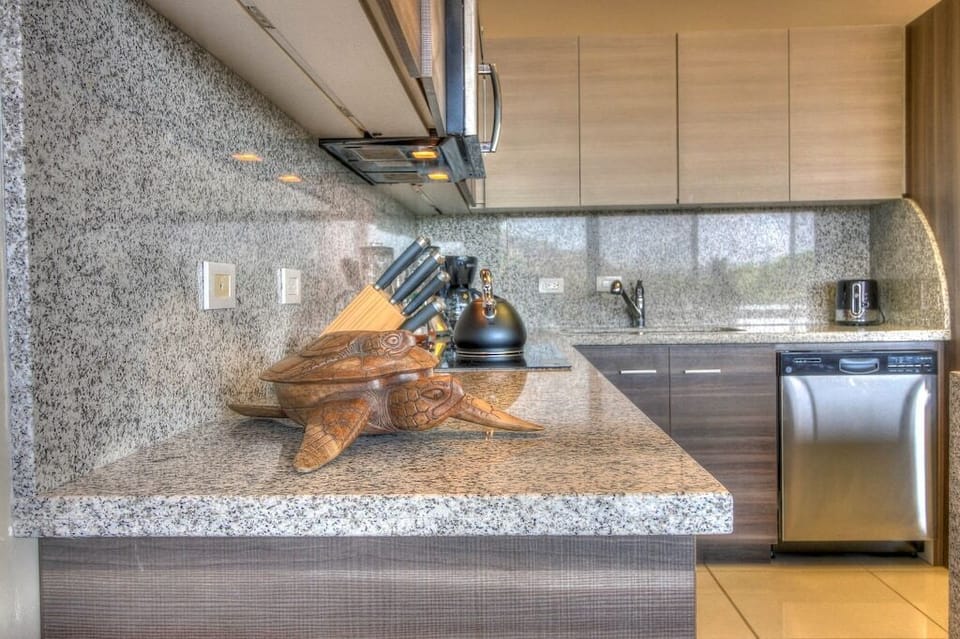 - Sleek granite kitchen counters with full cookware set   - Modern design featuring stainless steel dishwasher and stove   - Perfect for extended stays in Costa Rica vacation rental