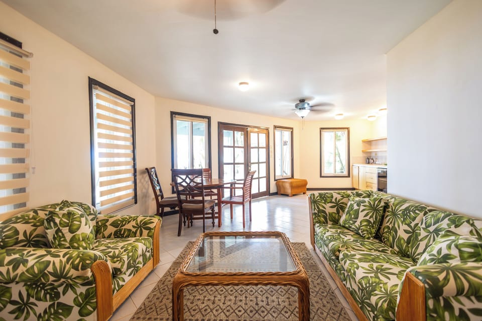 Downstairs Living - Sofa Bed, Wine Cooler, Coffee Maker, Dining for Four & Bath