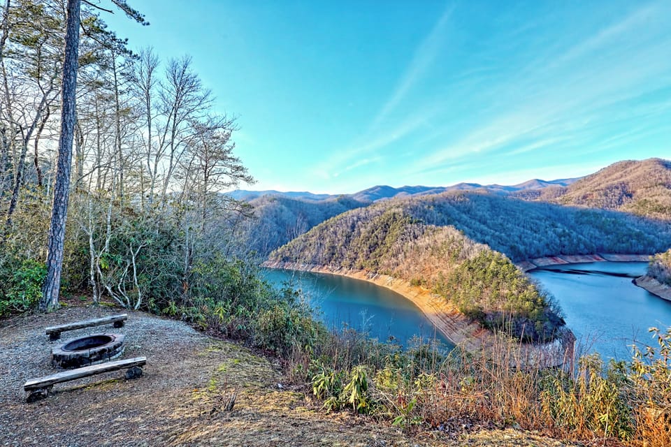 Scenic mountain lake overlook with private fire pit seating