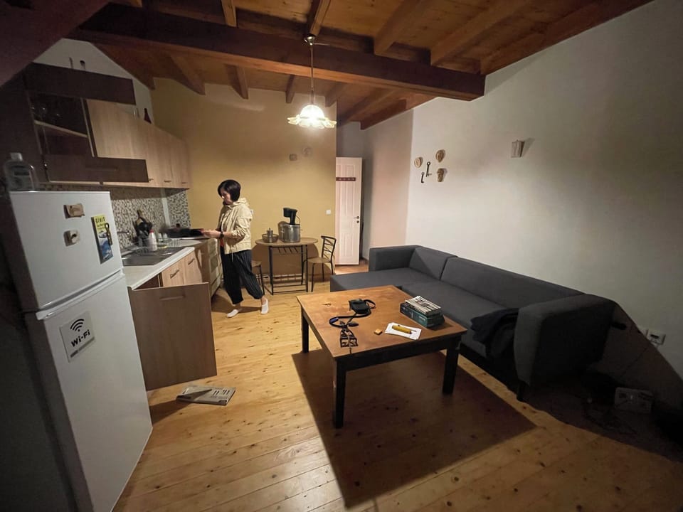 photo of the living room and the couch that can also sleep one person