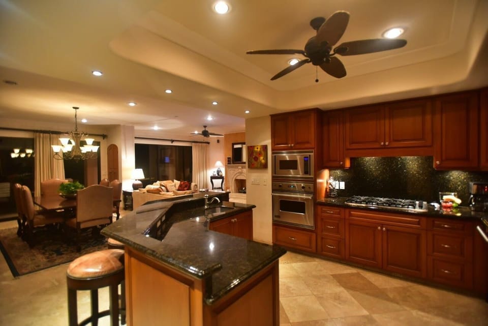 Kitchen overlooking dining and living area