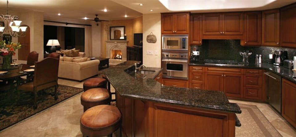 Kitchen overlooking dining and living area