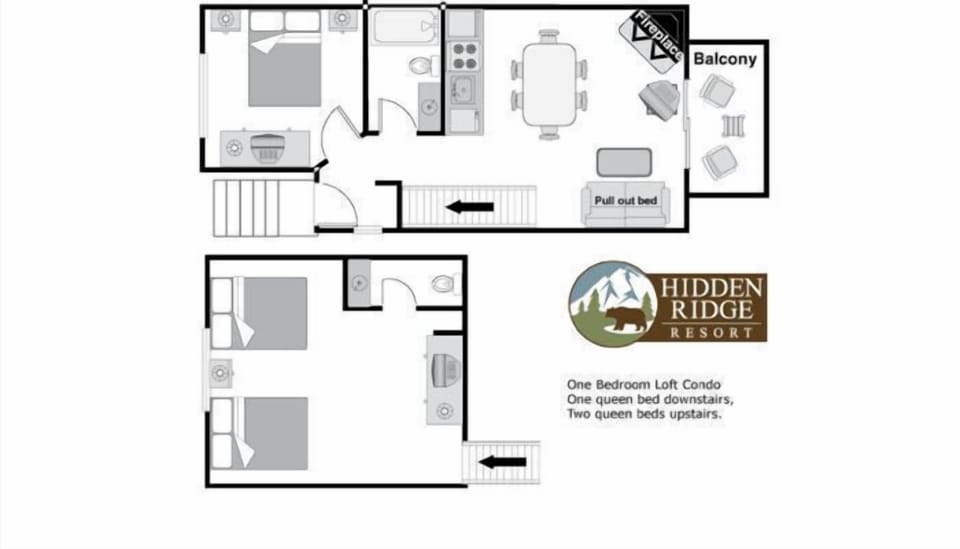 The floor plan for the 1 Bedroom Condo + Loft (3 Queens).