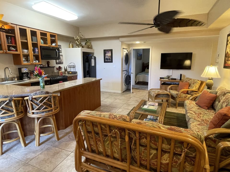 Kitchen, living room, large screen tv