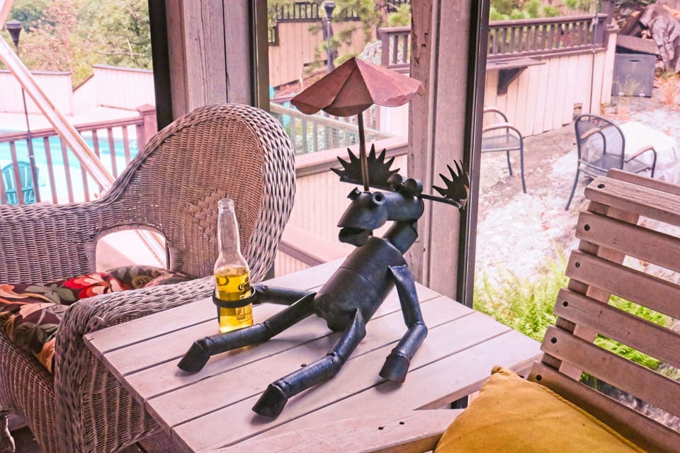 Sunbathing and refreshing moose sculpture in screen porch with hot tub.