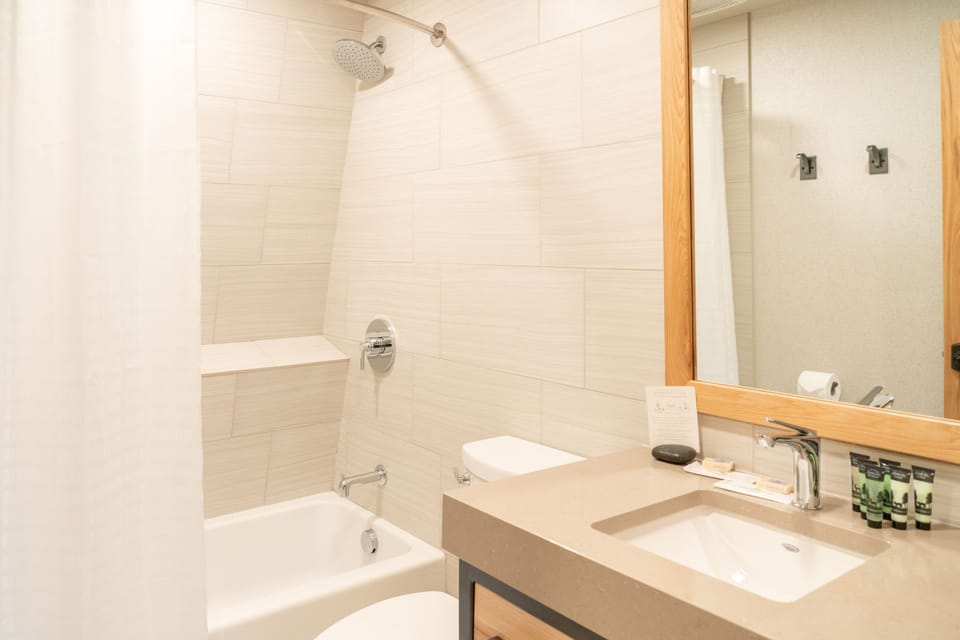 Freshen up in the bathroom after a day of adventure.