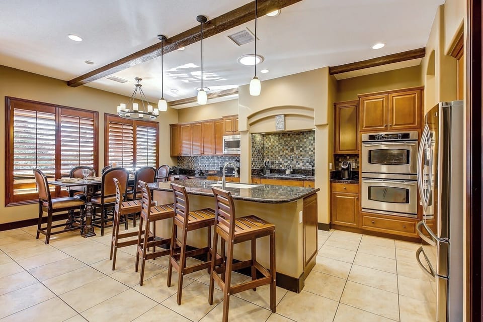 Center island with bar stools.