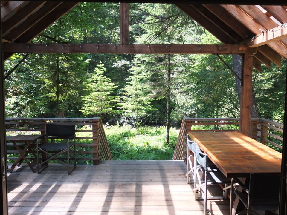 Rear deck with custom post and beam cover, skylights and custom picnic table