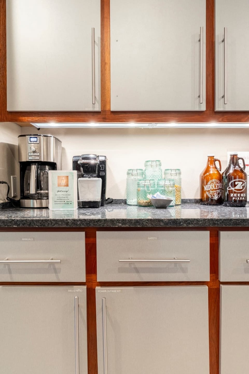 Beverage station offers drip and Keurig coffee makers, free coffee/tea and cream