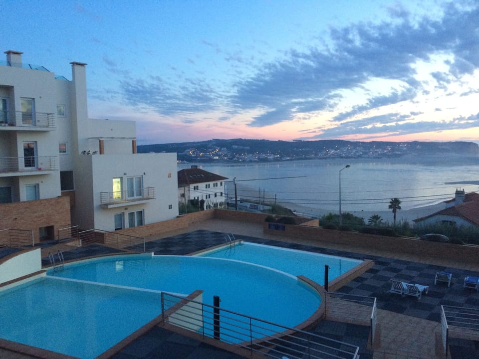 View at dusk from apartment balcony.