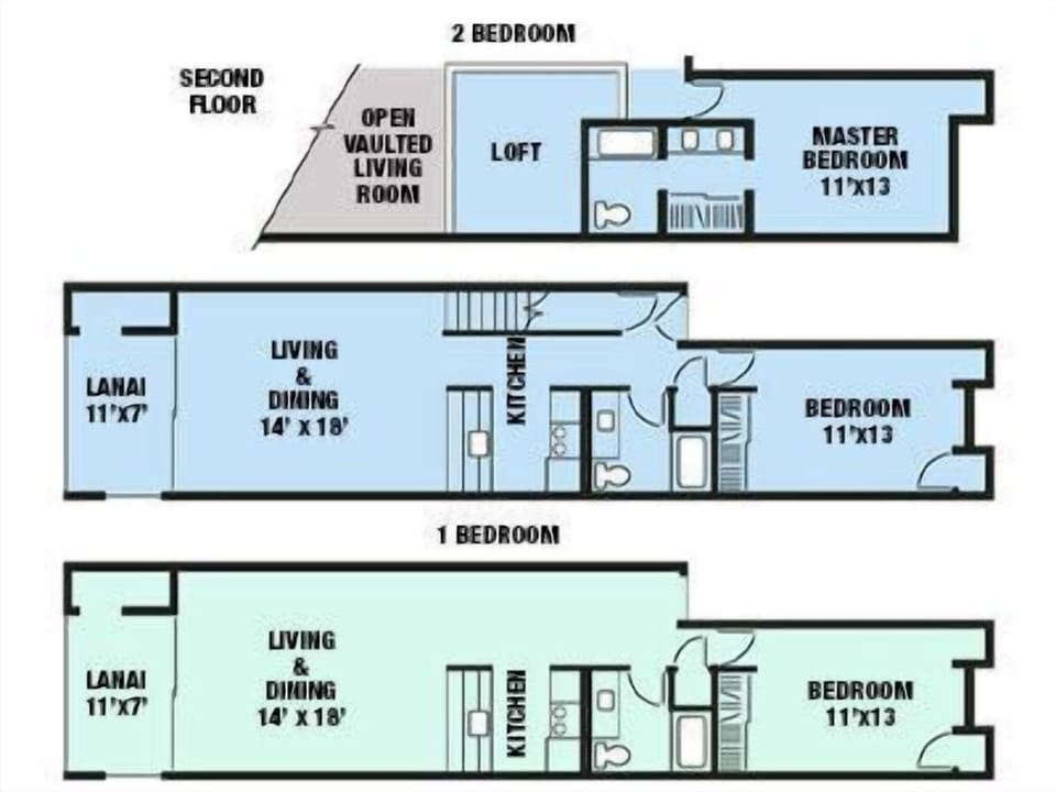 Floor plans one bed/one bath, and 2 bed/2 bath with open loft