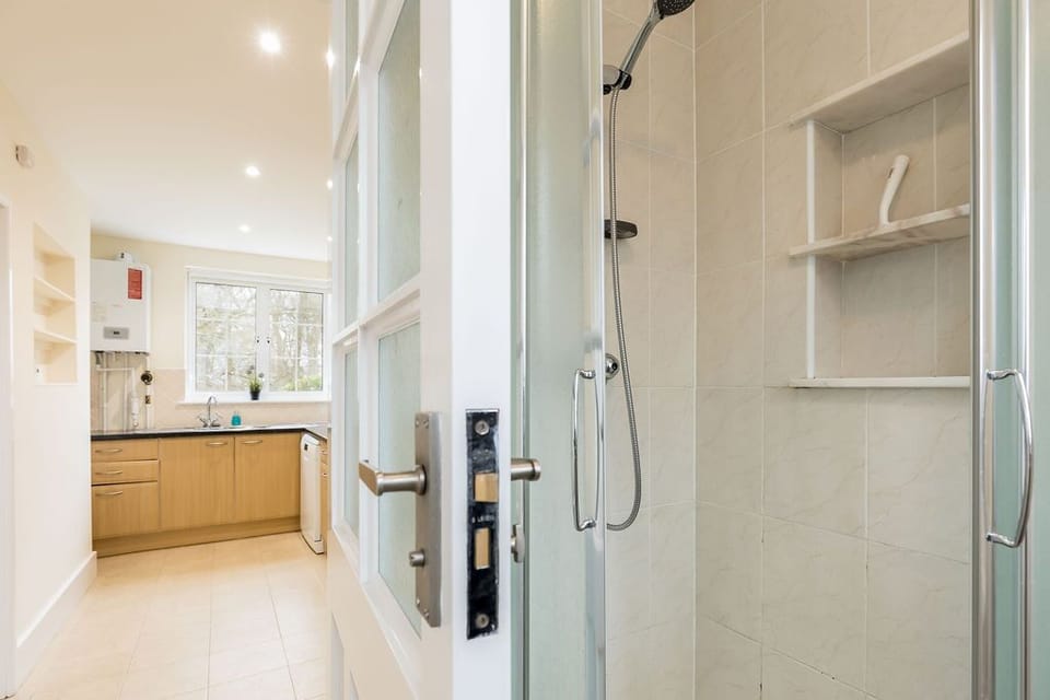 Downstairs shower room looking onto smaller kitchen