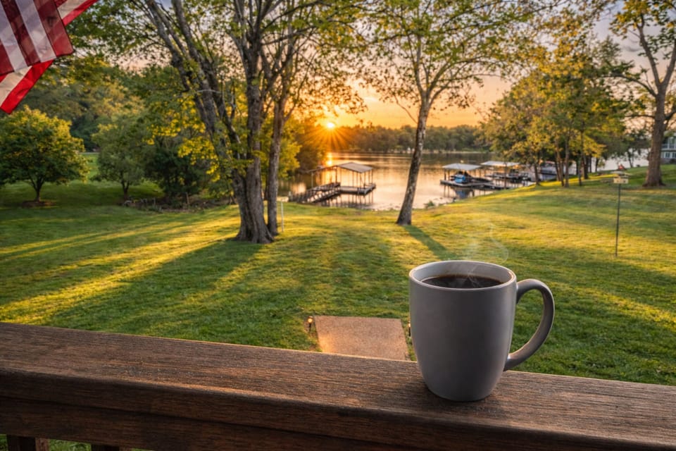Sunrise views over Old Hickory Lake from the covered deck. The perfect spot for morning coffee, peaceful water views, and quiet moments at the end of the cove.