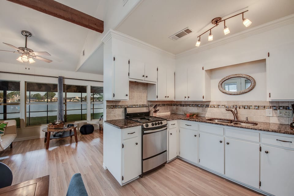Updated kitchen with bright lighting 