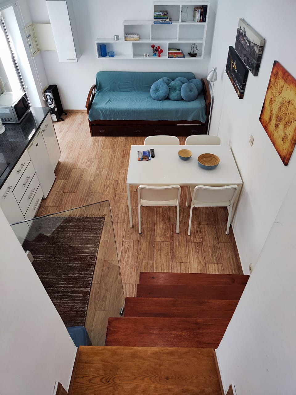 Stairs from the bedroom to the Living Room and Kitchen.
