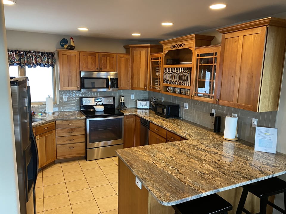 Kitchen with bar seating for 2.