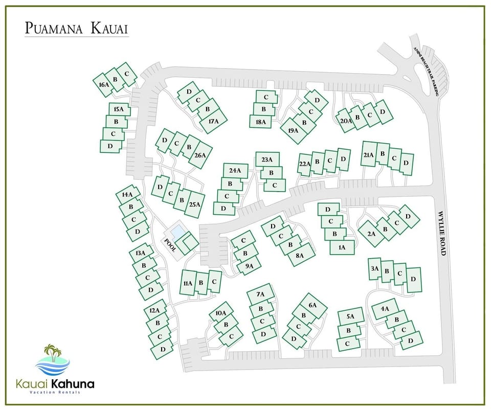 A map of the complex. 21D is just off of Wyllie Road, at the opposite end of the complex from the pool. No need to worry about laundry facilities, there's an in-unit washer and dryer for your convenience!