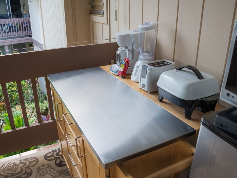 Work surface/storage on lanai with selection of small appliances