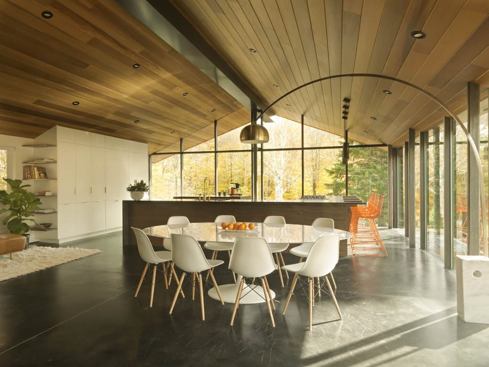 Huge open concept kitchen/dining room with walls of glass and a stone fireplace.