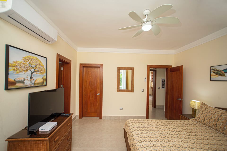 View of Master bedroom (including T.V.) toward the door.