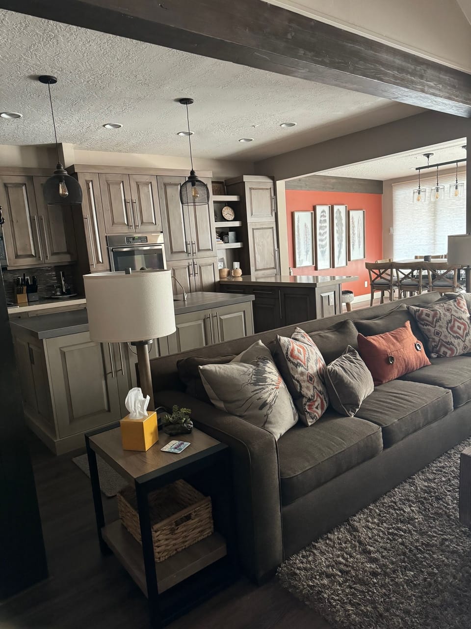 View of Family Room with 11' sofa toward kitchen and dining room. 