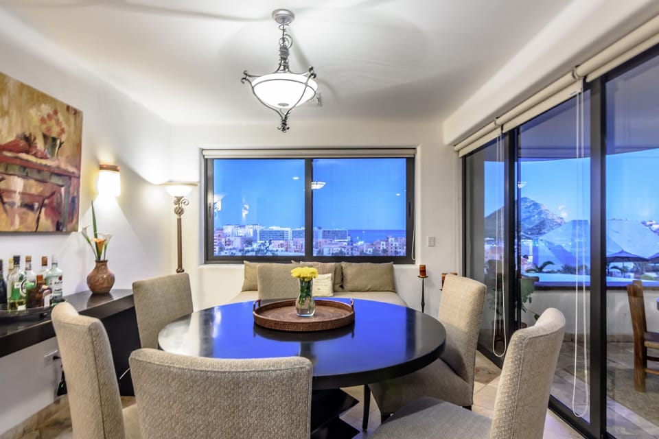 The inside dining area and view to town.