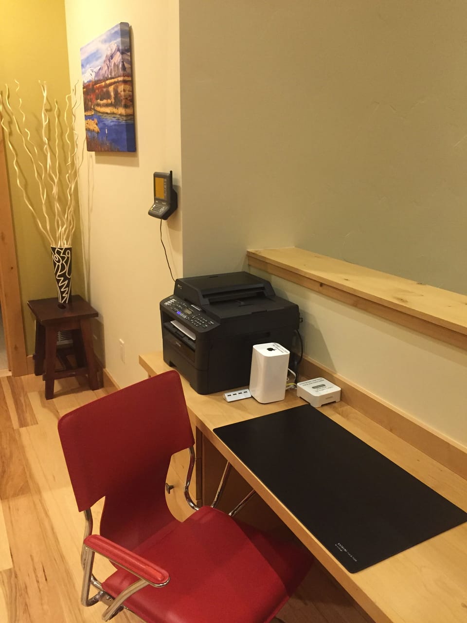 "Work" desk - Brother Laser printer/copier/scanner; Weather station on the wall