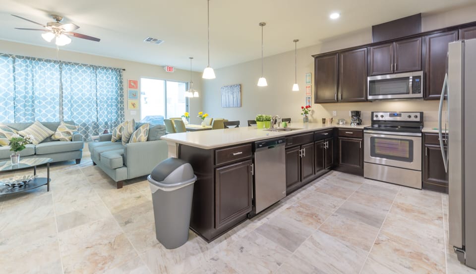Kitchen, Living Room and Dining Room