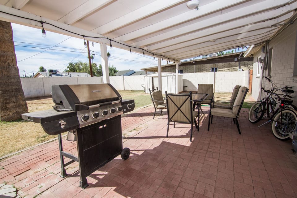BBQ and patio table with special fun lighting for parties or gatherings.
