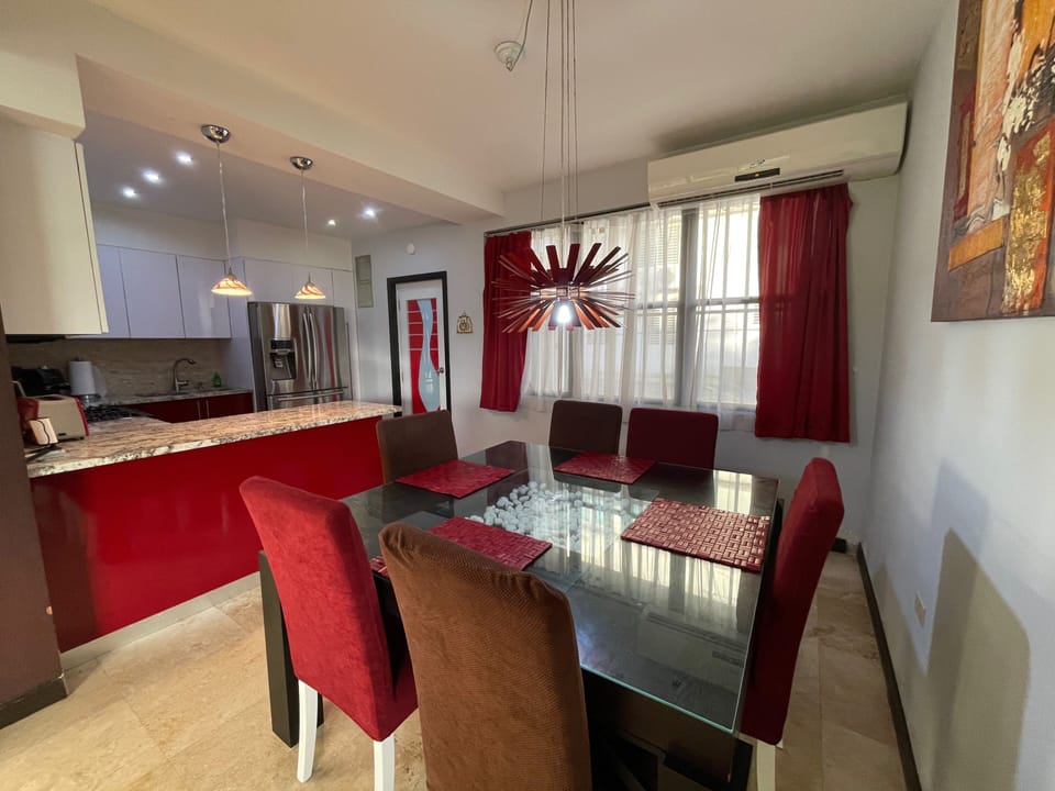 Full size kitchen stainless steal appliances, utensils & cookware, dining table