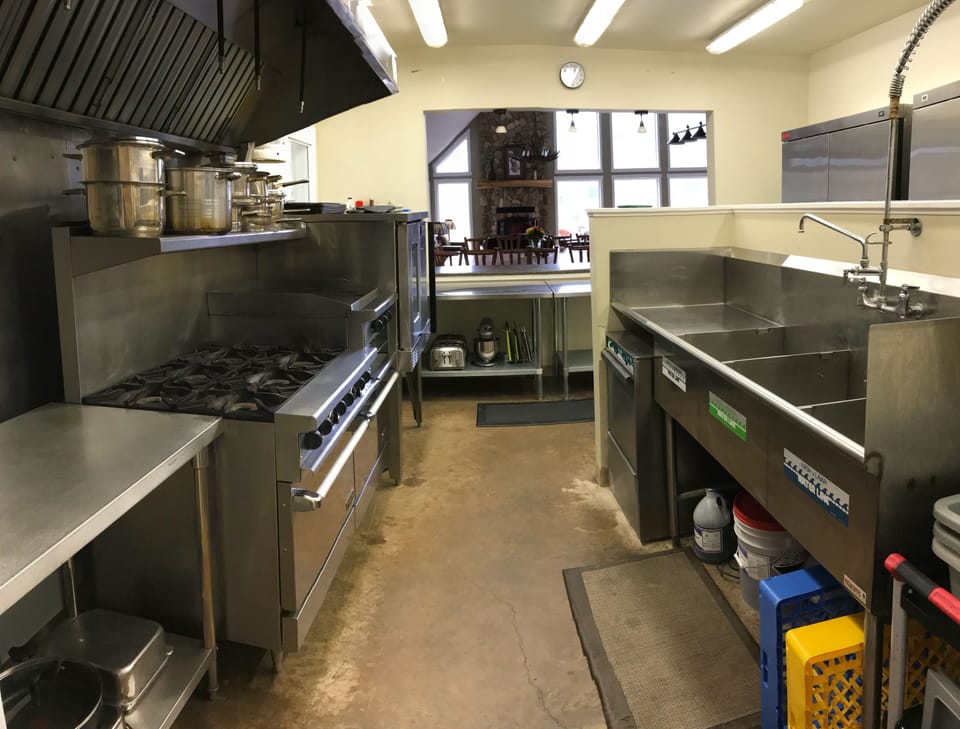 Main Lodge Commercial Kitchen; dishwasher, 3 ovens, 6 burner range, griddle. 