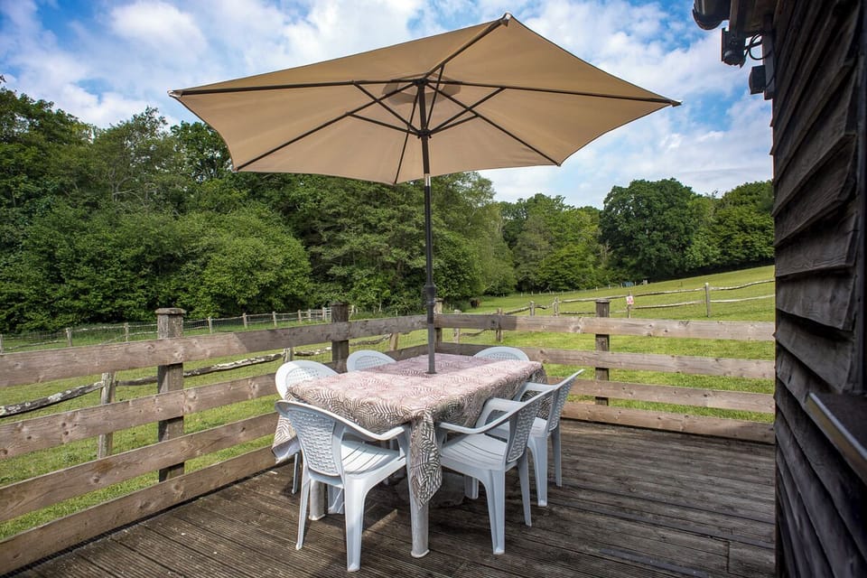 Patio area with umbrella cushions, BBQ, level access to private garden.