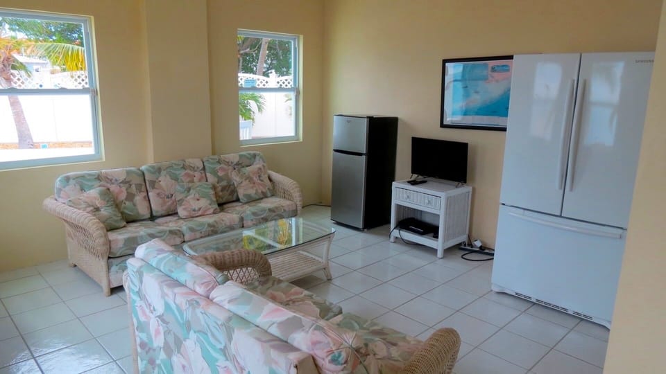 Game Room with 2 refrigerators and a playstation (and a game table). 