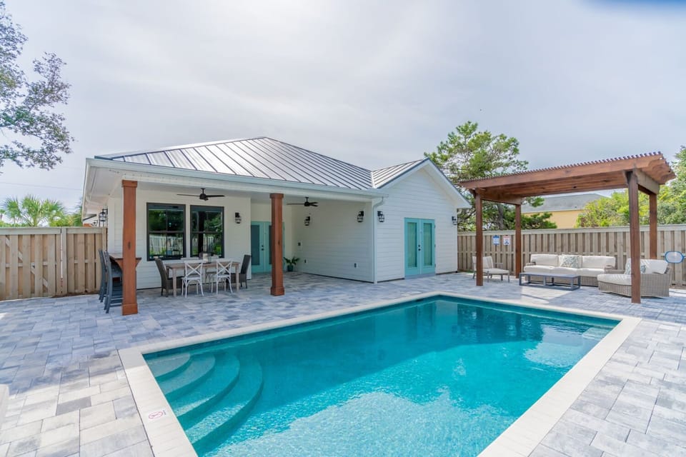 Bid-A-Wee Beach Bungalow | Backyard Pool & Lounge Area | Pool Size 20' x 10'3" | Outdoor Dining & Grilling Space