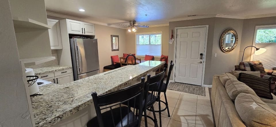 Includes a coffee maker, microwave, toaster, and all essential cooking utensils.