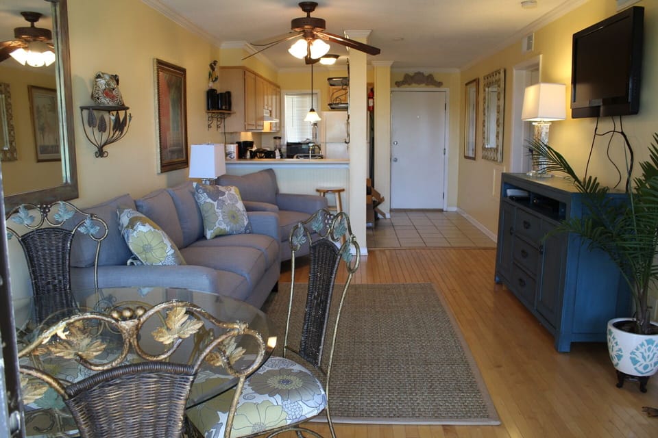 Relax in the updated living room with big screen tv and blu-ray dvd.  