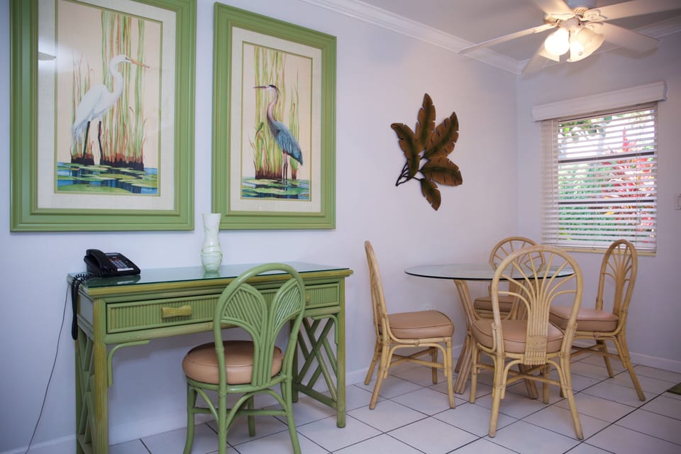 Eating nook next to back door and galley kitchen