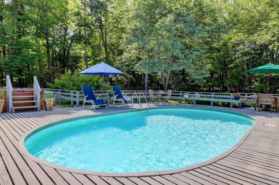 Our heated saline pool, nestled among trees. Total privacy. 